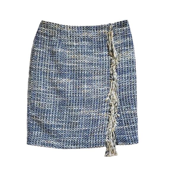 Halogen Tweed Fringe Blue Cream Office Career Pencil Skirt, Women's 8P Petite - Picture 1 of 9